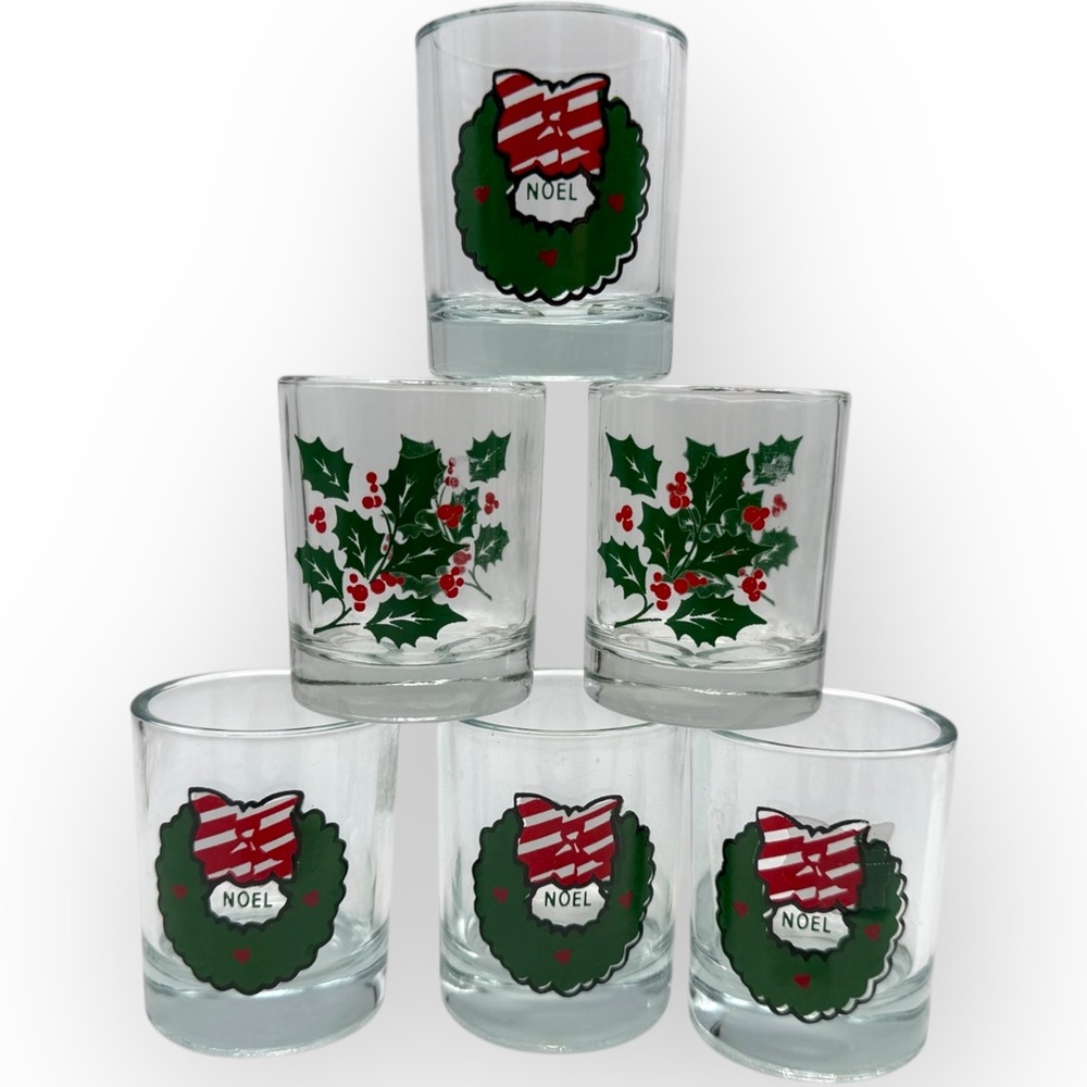 Vintage‎ Holiday Christmas Noel votive glass Set of 6 Wreath and Holly Design